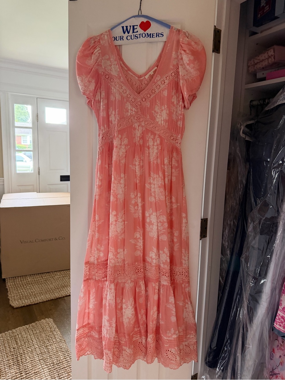 LoveShackFancy Coral Pink Floral Maxi Dress